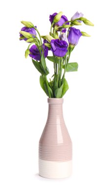 Beyaz arkaplanda Eustoma çiçekleri olan vazo