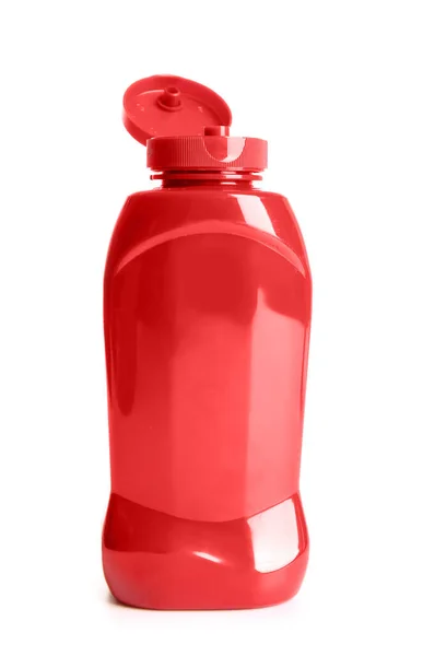 Открытая Пластиковая Бутылка Кетчупа Белом Фоне — стоковое фото