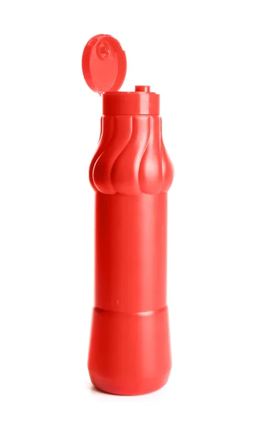 Öppna Plastflaska Ketchup Vit Bakgrund — Stockfoto