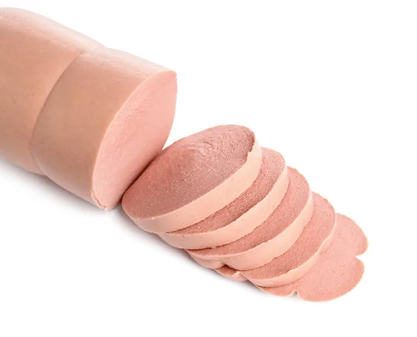 Tasty Sliced Boiled Sausage White Background Closeup — Stock Photo, Image