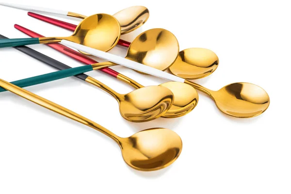 Golden Spoons Colorful Handles White Background — Stock Photo, Image
