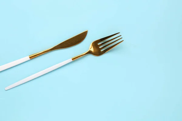 Stainless Steel Fork Knife Blue Background — Stock Photo, Image