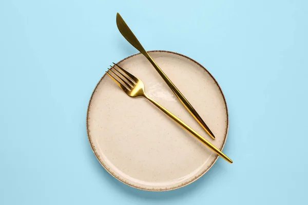Plate Cutlery Blue Background — Stock Fotó