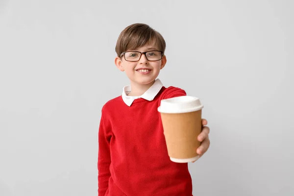 Little Boy Cup Cocoa Light Background Children Day Celebration — Stock Photo, Image