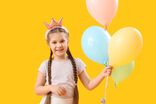 Little Girl Crown Balloons Yellow Background Children Day Celebration — Stock Photo, Image