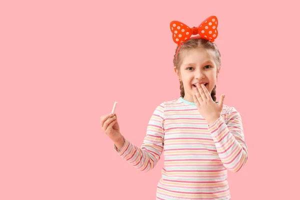 Surprised Little Girl Chalk Piece Pink Background Children Day Celebration — Stock Photo, Image