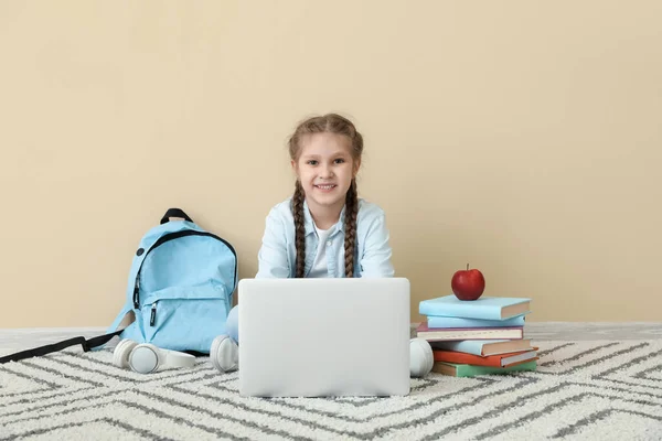 Little Girl Studying Laptop Beige Wall Children Day Celebration — Stock Photo, Image