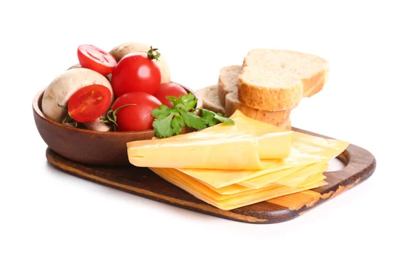 Board Tasty Processed Cheese Vegetables Bread White Background — Stock Photo, Image