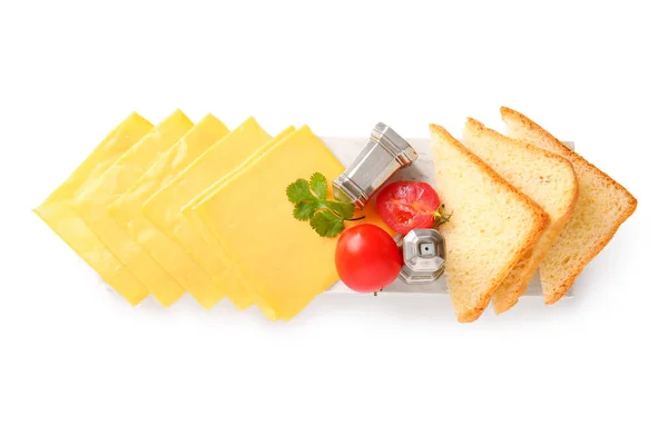 Board Tasty Processed Cheese Bread Spices White Background — Stock Photo, Image