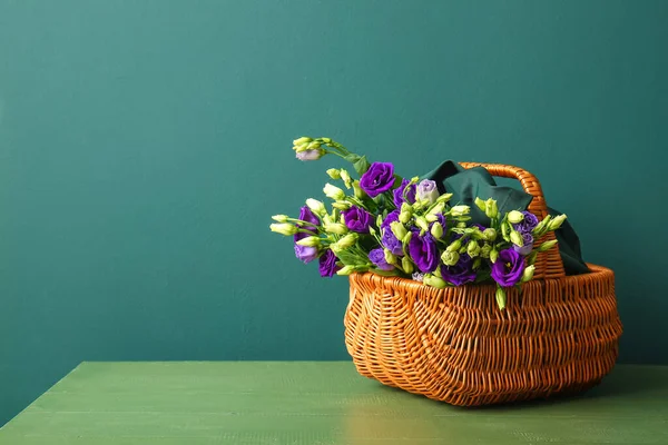 Καλάθι Λουλούδια Ευστώματος Στο Τραπέζι Κοντά Στο Μπλε Τοίχο — Φωτογραφία Αρχείου