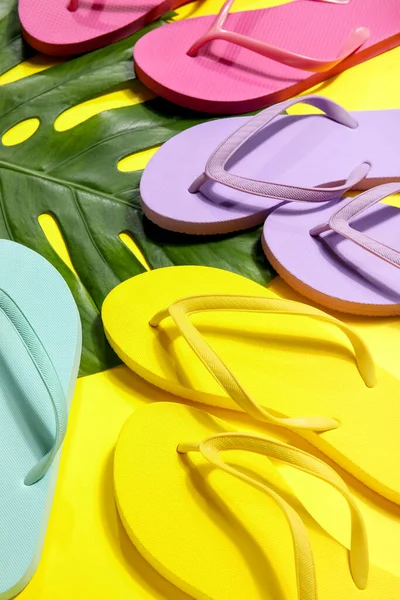 Colorful Flip Flops Palm Leaf Yellow Background — Stock Photo, Image