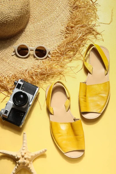 Sandals Sunglasses Camera Wicker Hat Yellow Background — Stock Photo, Image