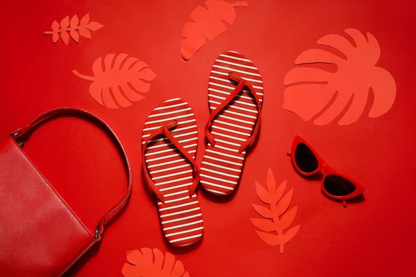 Flip Flops Sunglasses Bag Palm Leaves Red Background — Stock Photo, Image