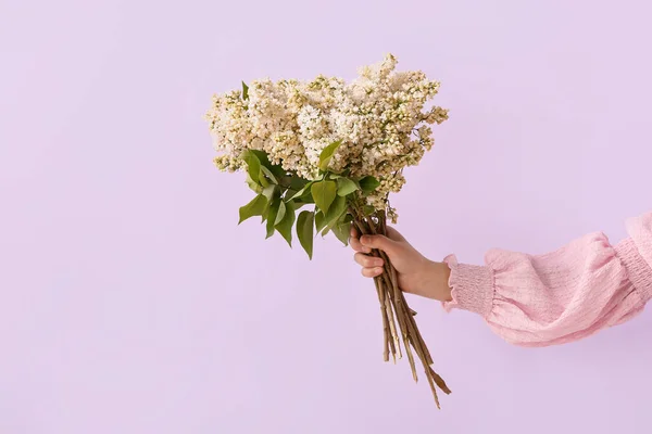 Female Hand Bouquet Lilac Flowers Purple Background — Stock Photo, Image