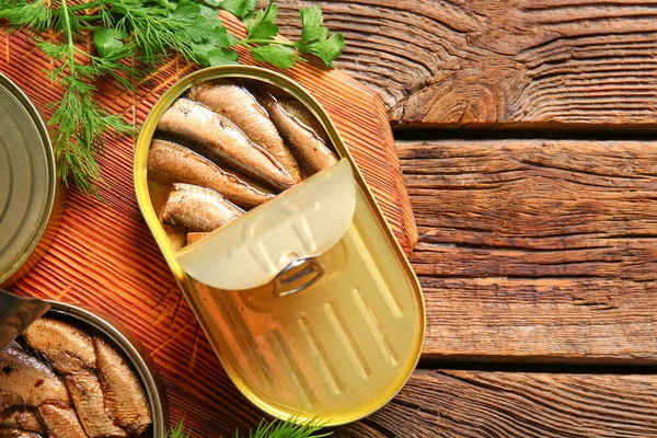 Canned Smoked Sprats Parsley Dill Wooden Table — Stock Photo, Image