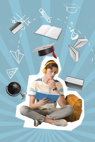 Male student with headphones, flying books, globe and mortar board on grey background