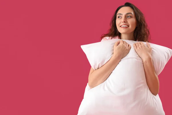 Young Brunette Woman Pillow Pink Background — Stock Photo, Image