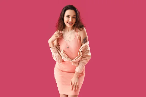 Attractive Young Woman Dress Pink Background — 图库照片