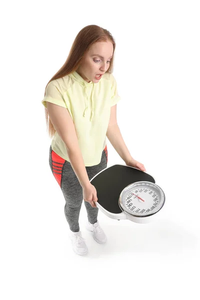 Shocked Young Overweight Woman Scales White Background — Stock Photo, Image