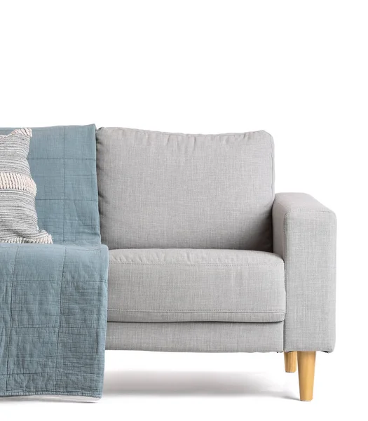 Gemütliches Graues Sofa Isoliert Auf Weißem Hintergrund — Stockfoto