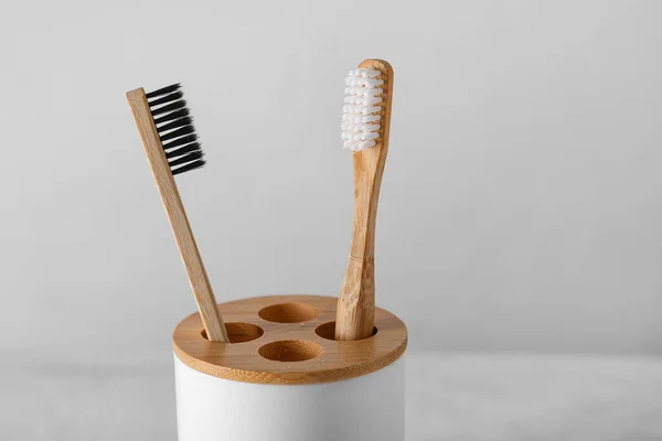 Holder Bamboo Toothbrushes White Table — Stock Photo, Image