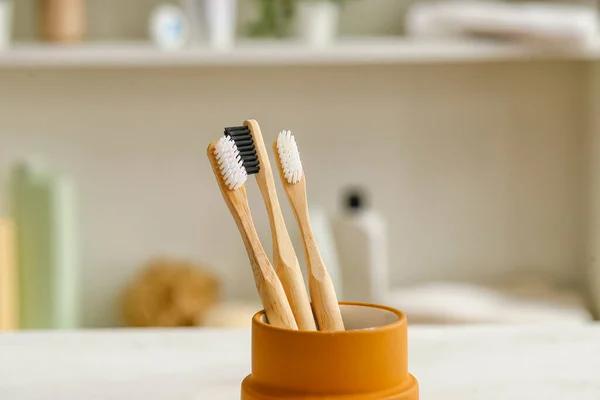 Holder Bamboo Toothbrushes White Table Room — Stock Photo, Image