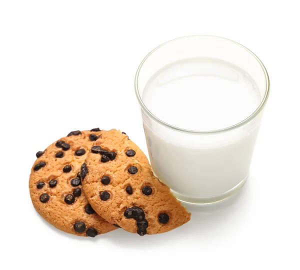 Tasty Cookies Chocolate Chips Glass Milk White Background — Stock Photo, Image