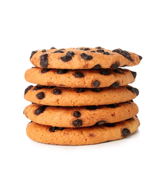Stapel Leckerer Kekse Mit Schokoladenstücken Auf Weißem Hintergrund — Stockfoto