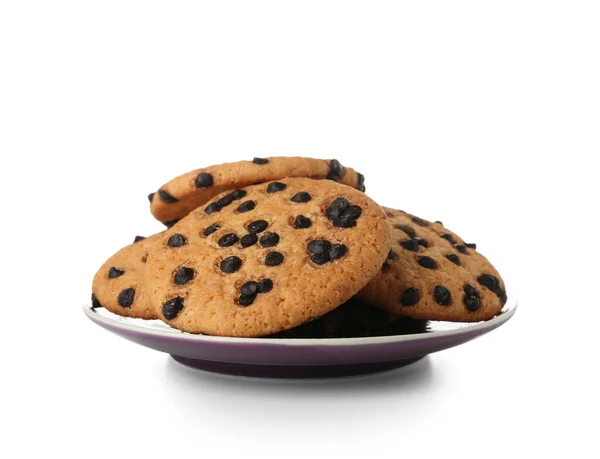 Тарелка Вкусного Печенья Шоколадной Крошкой Белом Фоне — стоковое фото