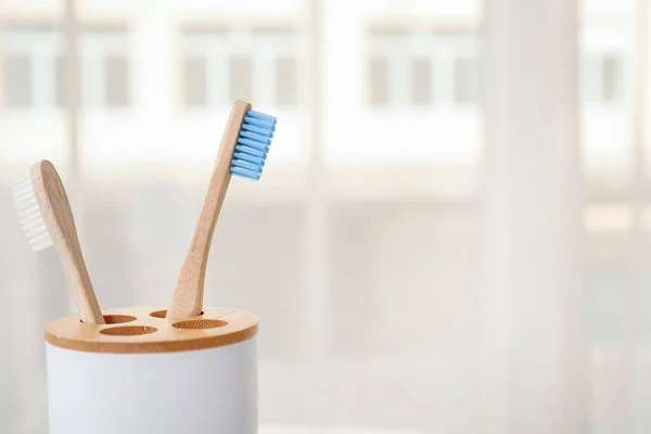 Holder Bamboo Toothbrushes Room Closeup — Stock Photo, Image