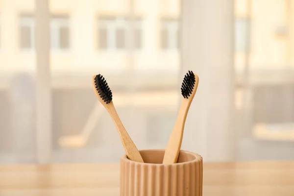 Holder Bamboo Toothbrushes Table Room Closeup — Stock Photo, Image
