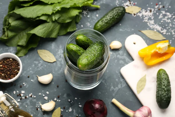 Jar Fresh Cucumbers Preservation Green Background — Stock Photo, Image