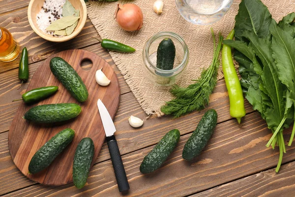 Fresh Cucumbers Ingredients Preservation Wooden Background — Stock Photo, Image