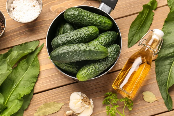 Saucepan Fresh Cucumbers Ingredients Preservation Wooden Background — Stock Photo, Image