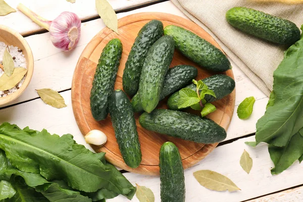 Board Fresh Cucumbers Ingredients Preservation Light Wooden Background — Stock Photo, Image
