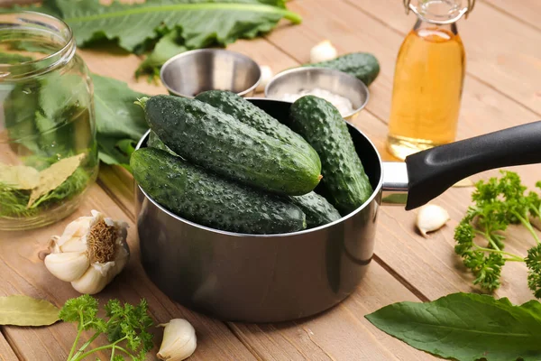 Saucepan Fresh Cucumbers Preservation Wooden Background — Stock Photo, Image