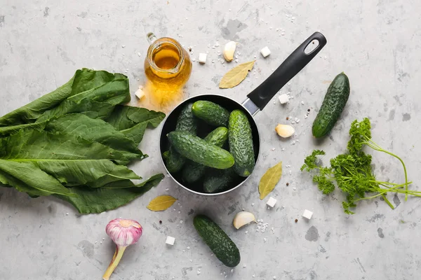Saucepan Fresh Cucumbers Ingredients Preservation Grunge Background — Stock Photo, Image