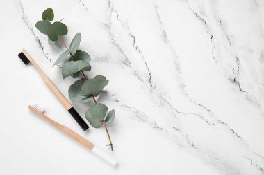 Bambu diş fırçaları ve okaliptüs dalları beyaz mermer arka planda