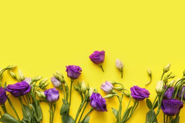 Sarı arka planda güzel Eustoma çiçekleri olan kompozisyon