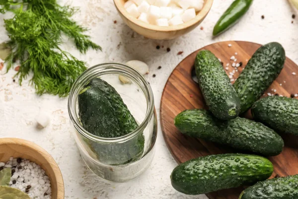 Jar Wooden Board Fresh Cucumbers Preservation Light Background — Stock Photo, Image