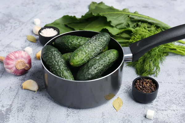 Saucepan Fresh Cucumbers Preservation Light Background — Stock Photo, Image