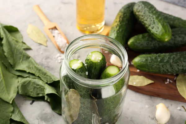 Jar Fresh Cucumbers Preservation Grunge Background Closeup — Stock Photo, Image