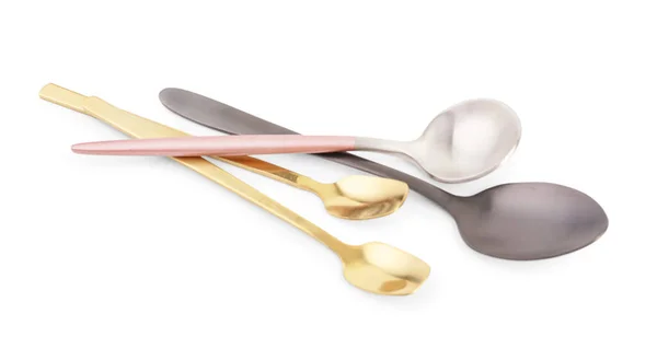 Stainless Steel Golden Spoons White Background — Stock Photo, Image