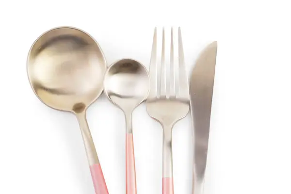 Stainless Steel Set Cutlery Pink Handles White Background — Stock Photo, Image