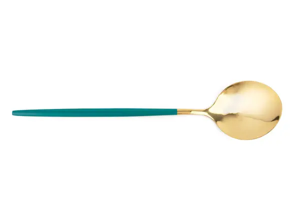 Golden Spoon Blue Handle White Background — Stock Photo, Image