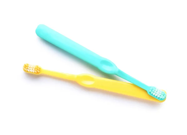 Πλαστικές Οδοντόβουρτσες Που Απομονώνονται Λευκό Φόντο — Φωτογραφία Αρχείου
