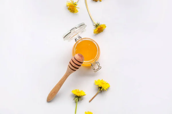 Jar Dandelion Honey White Background — Stock Photo, Image