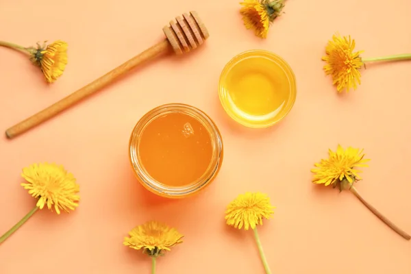 Jar Bowl Dandelion Honey Orange Background — Stock Photo, Image