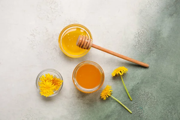 Jar Bowls Dandelion Honey White Background — Stock Photo, Image