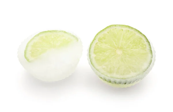 Slices Fresh Lime Frozen Ice White Background — Stock Photo, Image